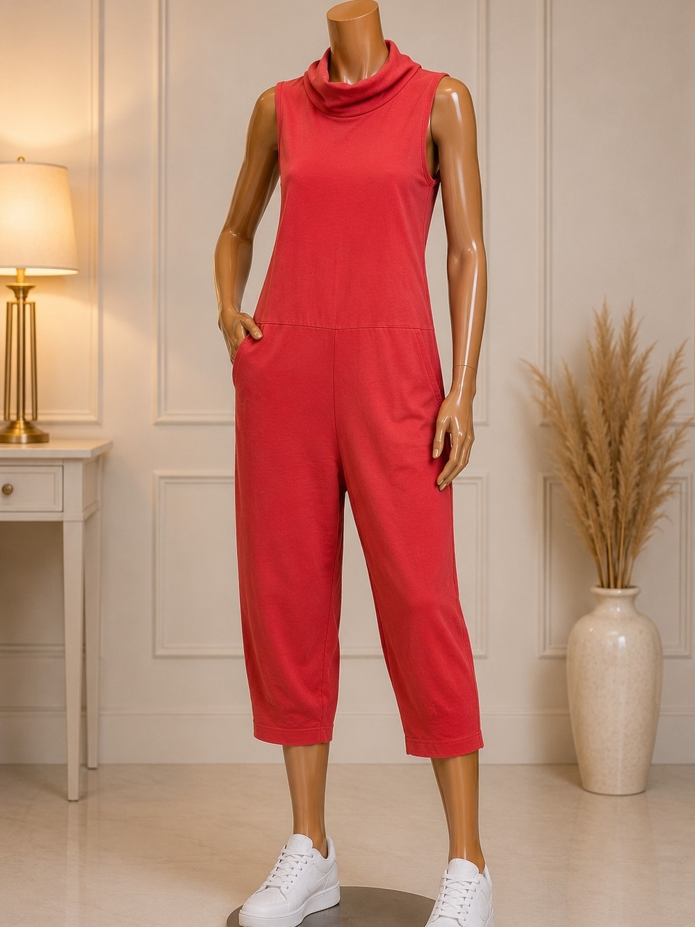 Sleeveless Cowl Neck Coral Jumpsuit with Pockets